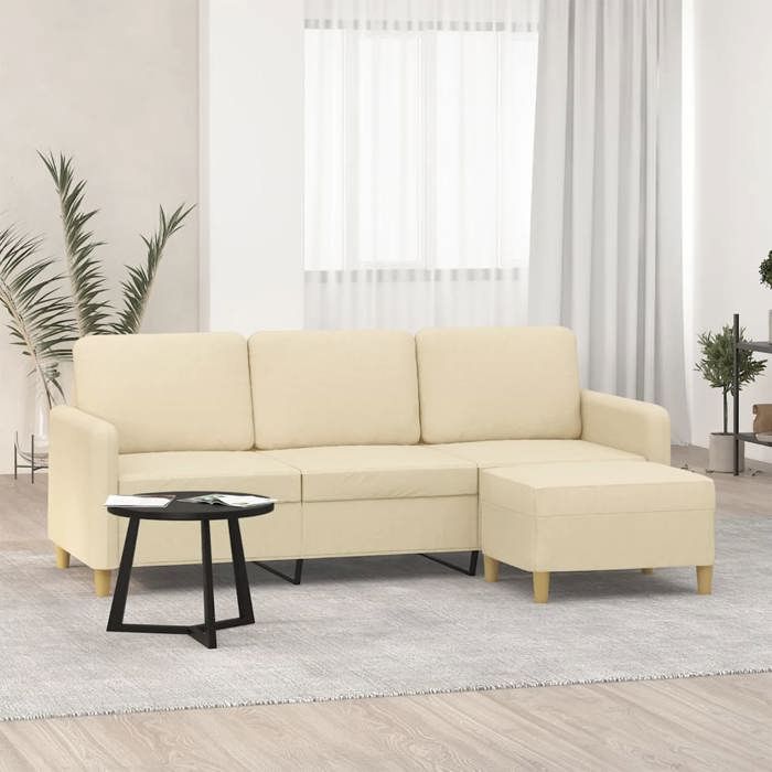 Canapé à 3 places avec repose-pieds - vidaXL - Crème - 180 cm - Tissu polyester - Structure contreplaqué et métal