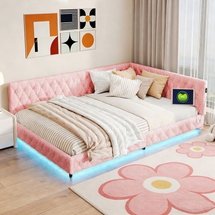 Canapé lit - KILISKY - 140x200 cm - Tissu polaire Teddy - LED intégrée - Charge USB
