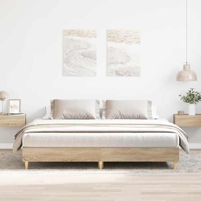 Structure de lit chêne sonoma - UU - 160x200 cm - Bois dingénierie - Bois de pin massif - Contreplaqué - 203x163x25 cm