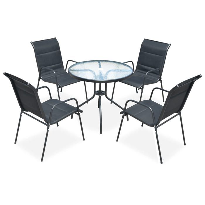 Ensemble de salle à manger dextérieur - BURKE - Acier noir - Table 80x71 cm - Chaises 51x66x88 cm - Verre trempé 5 mm