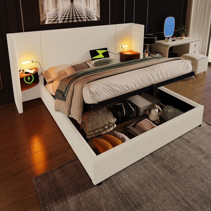 Lit double coffre 180 x 200 cm EVRYAE avec tête de lit à rangements lampes de lecture USB Type-C beige-blanc