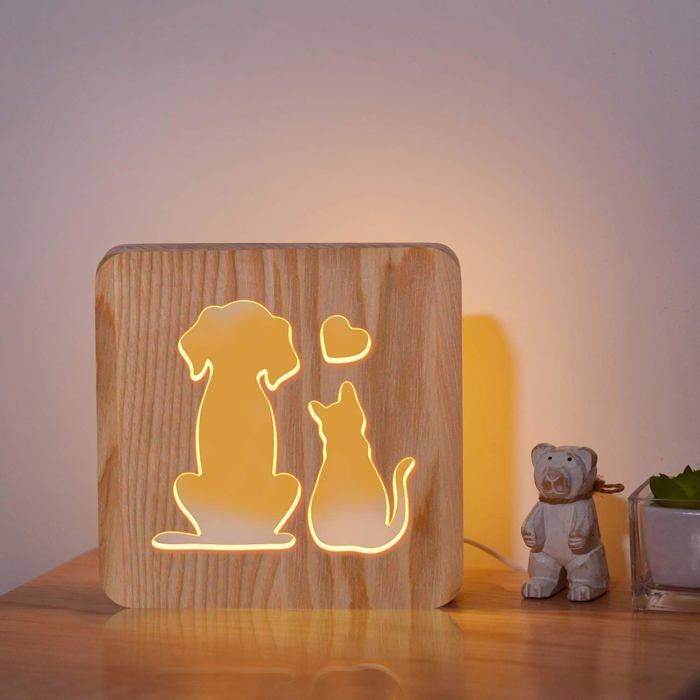 Lampe de chevet Chien et Chat veilleuse LED 3D en bois avec de jolis animaux cadeau idéal pour les amoureux des animaux.