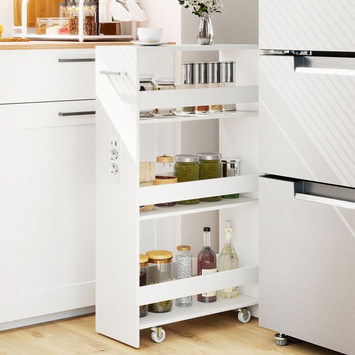 GIANTEX Desserte de Cuisine Étroit à Roulettes avec Freins- 475x20x805cm- Station de Charge- Chariot de Service à 4 Niveaux- Blanc