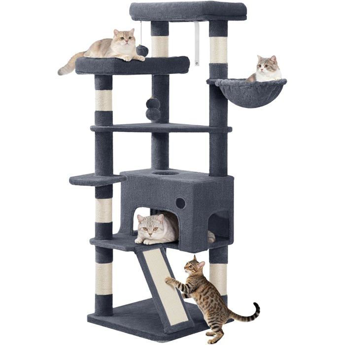 Meilleurs prix pour Arbre à Chat de 153 cm Spacieux et Stable avec 6 Griffoir 1 Grande Niche pour Chat 3 Grandes Plateformes Gris Foncé