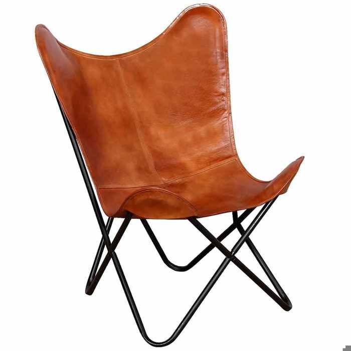 NEUF 2026 CHIC Chaise papillon vintage SWEETY pour salon/chambre Marron Cuir véritable 74x66x90 cm FF5505