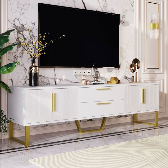 Meuble TV bas laqué haute brillance. MDF. 4 portes & 2 tiroirs. blanc et doré. 170x40x53.5 cm
