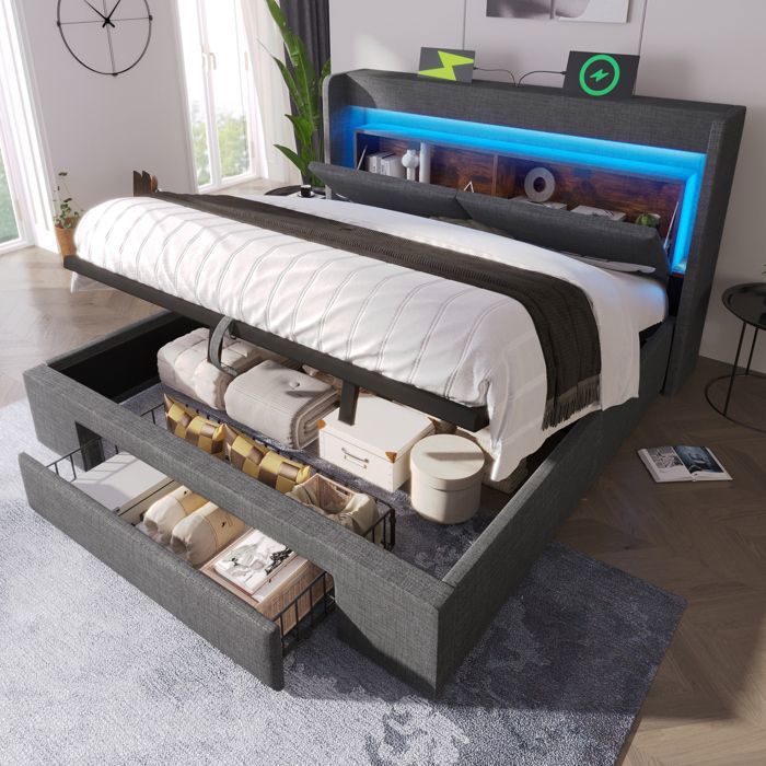 Merax Lit Coffre - 180x200 cm - King Size - Lit Rembourré en Lin avec LED Port USB/Type-C et Tiroir - Gris Anthracite