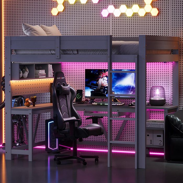 Lit Mezzanine 90x200 Bois Bureau Intégré LED & USB Étagères Rangement Gris