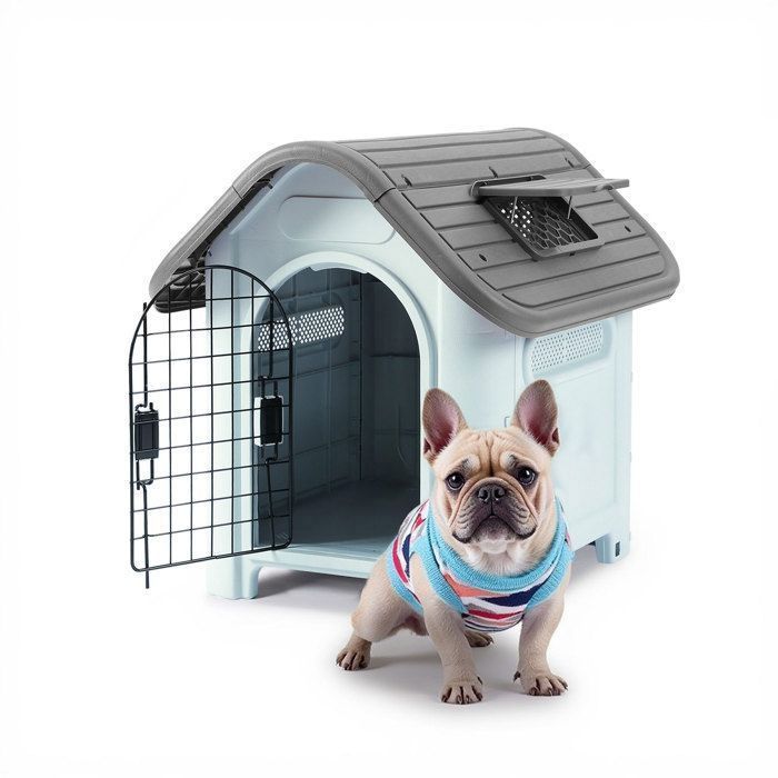 Niche pour petit chien - 74x59x66 cm - Plastique résistant - Porte et toit ouvrant - Intérieur/Extérieur