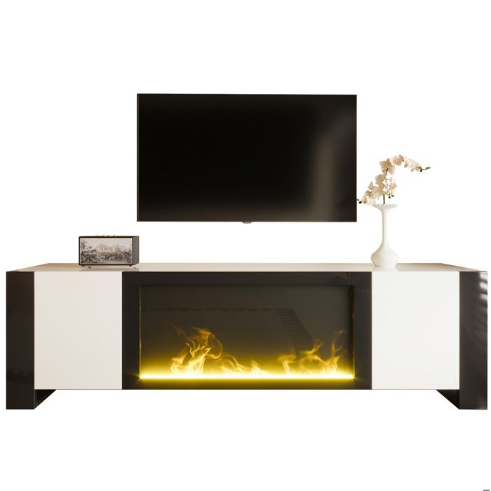 Meuble TV blanc brillant et noir avec cheminée électrique décorative 2 portes