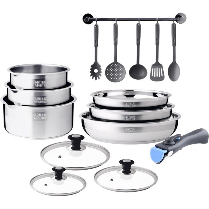 Batterie de cuisine inox - LEVYS - 15 pièces - 2 poêles (24-26 cm) - 3 casseroles (16-18-20 cm) - 4 couvercles en verre