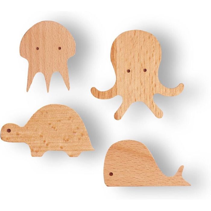Crochets muraux en bois pour enfants - OKZ® - Ensemble de 4 pièces - Animaux marins: méduse pieuvre tortue baleine