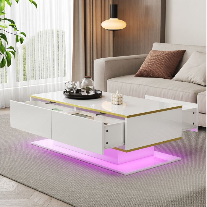 Table basse blanche brillante avec LED 3 tiroirs et détails dorés