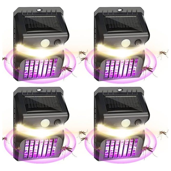 Lot de 4 lampes anti-moustiques 3 en 1 dextérieur lampe anti-moustiques solaire noire avec lumière LED et détecteur de mouvement.