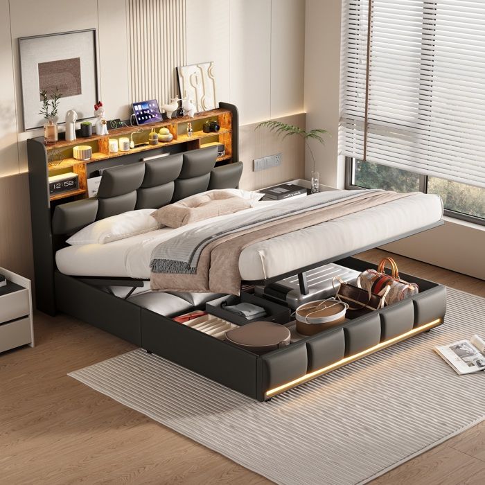 Lit double adulte 160x200cm rembourré PU - Tête de lit LED - Coffre lit rangement hydraulique - Sommier à lattes