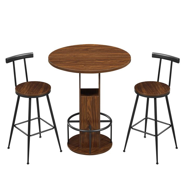 Ensemble table de bar avec 2 tabourets repose-pieds métallique pour salle à manger Noyer