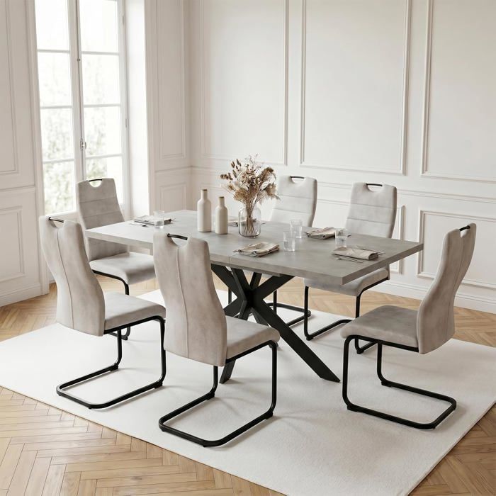 JIEXI Table de Salle à Manger Extensible en Forme de X et 6 chaises Cantilever Couleur crème pour Cuisine Salle à Manger