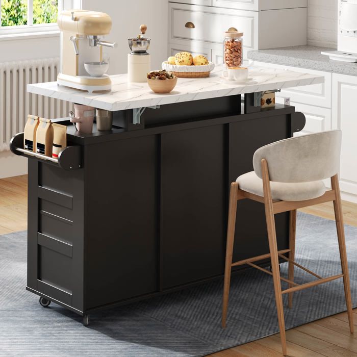 Desserte de Cuisine Noire avec LED Bluetooth et Plan Marbrure - Îlot de Cuisine Mobile avec Table Rabattable et Porte-Verres