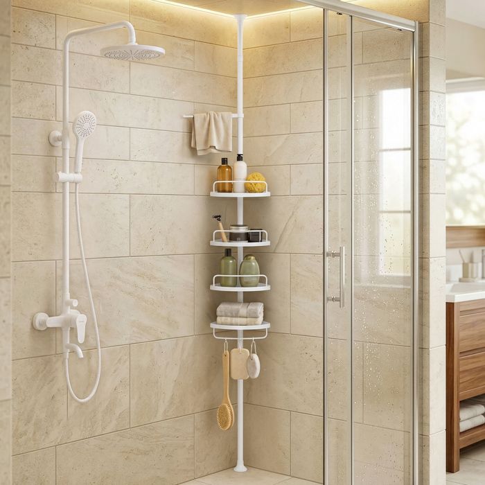 Étagère de Douche Réglable avec Barre Porte-serviettes 4 Niveaux Hauteur 85-305 cm Rangement de Salle de Bain Blanc