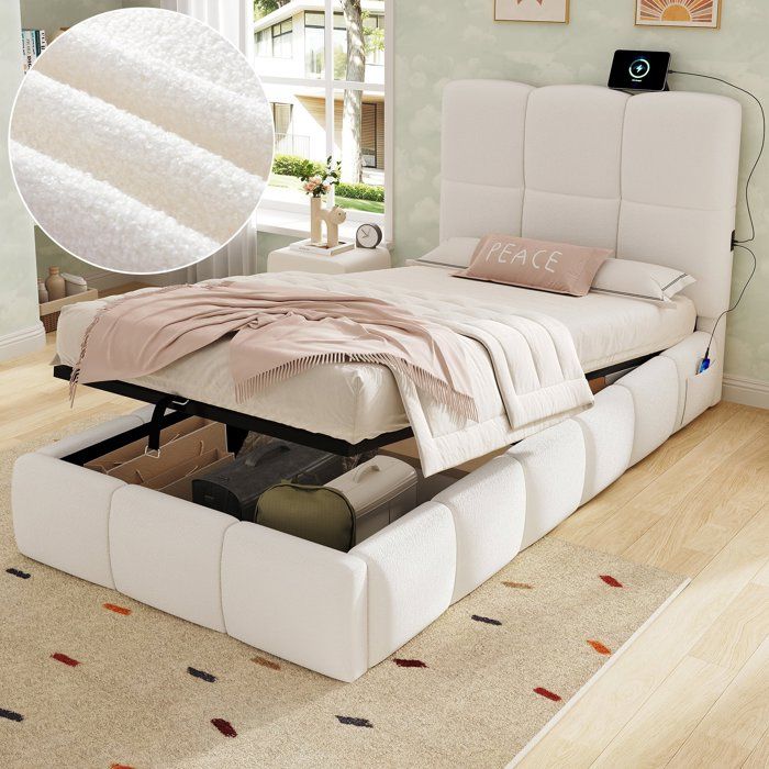 Lit coffre capitonné 90×200 Lit enfant Lit hydraulique Lit simple rembourré en bouclé avec ports USB rangement - beige