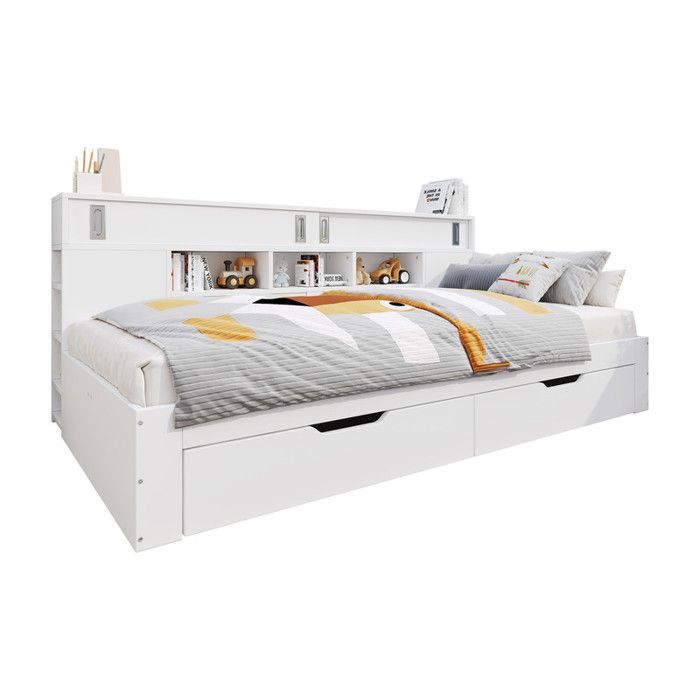 Lit enfant 1 place 90x190 cm multifonction blanc lit de jour avec tiroirs étagère armoire et coffre de rangement sans matelas