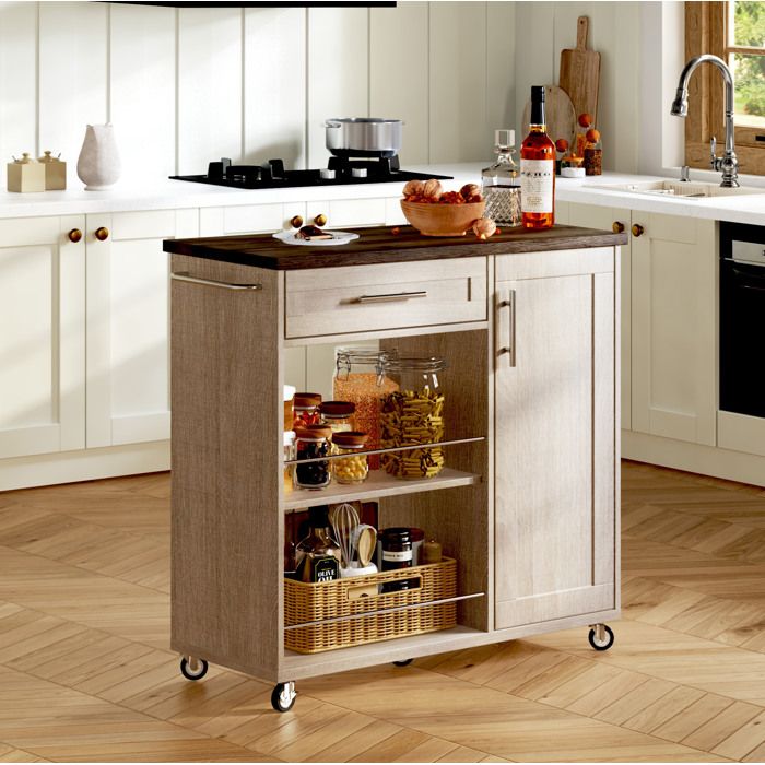 ELVORIN desserte de cuisine 90 x 62 x 90 cm MDF plan de travail foncé décor chêne Sonoma roulettes