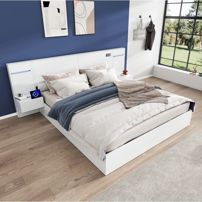 Lit Double 160 x 200 cm Blanc En MDF Avec Sommier À Lattes USB A USB C Horloge Électronique Bluetooth LED 2 Tables De Chevet