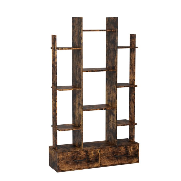 Bibliothèque industrielle avec 2 tiroirs étagères ouvertes 12 compartiments style vintage pour salon chambre bureau