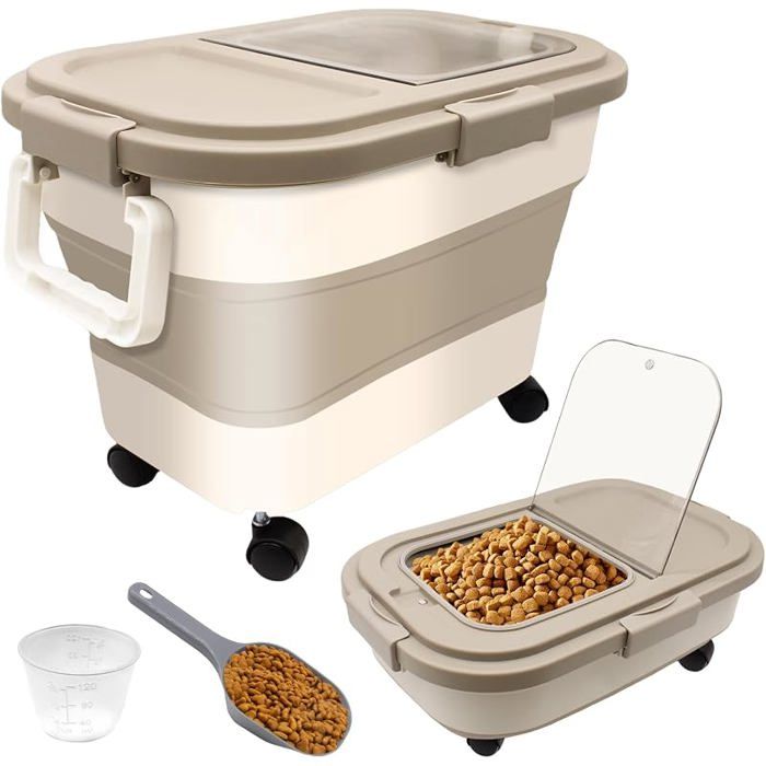 Conteneur à Croquettes pour Chien et ChatCapacité 7 10 kgBoîte de Stockage Pliable avec RouesCuillère et Tasse M Beige