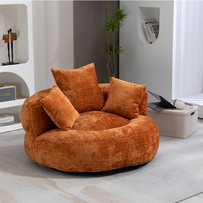 Fauteuil lounge avec dossier enveloppant et 3 coussins - TCQPZ - assise basse chenille orange 108 × 108 × 52 cm