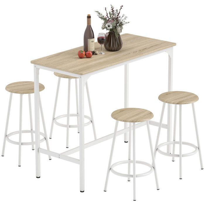 CollaHausse Ensemble Table de Bar et 4 Tabourets Style Industriel Cadre en Métal pour Cuisine et Salon Naturel et Blanc