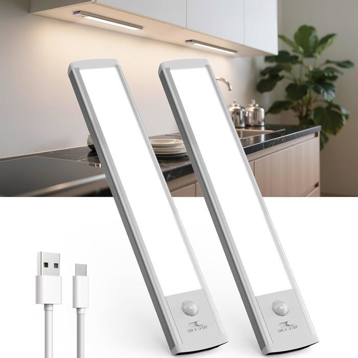 Lampe LED sans fil 20 cm - détecteur de mouvement rechargeable USB-C intensité réglable lot de 2 éclairage placard