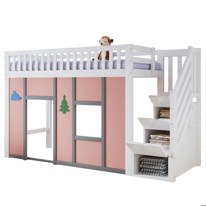 ELVORIN lit mi-hauteur enfant 90 x 200 cm blanc et rose avec escalier de rangement LED et espace de jeu
