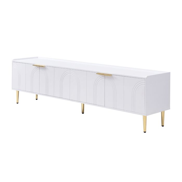 Meuble TV blanc meuble bas avec portes texturées poignées et pieds dorés 170 x 35 x 475 cm