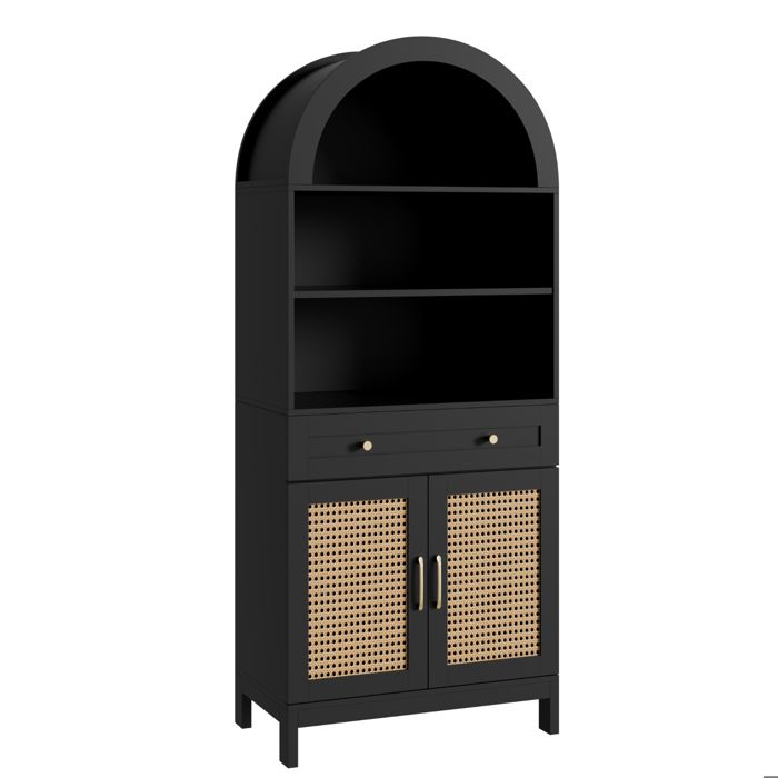 Armoire haute arche noir imitation bois portes rotin 170cm 3 casiers ouverts 1 tiroir 2 portes pour séjour entrée 70×40×170cm Armoire haute arche noir imitation bois portes rotin 170cm 3 casiers ouverts 1 tiroir 2 portes pour séjour entrée 70×40×170cm