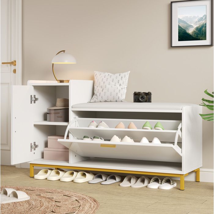 Meuble à chaussures avec banc 100 x 38 x 68 cm 2 étagères 1 placard assise rembourrée Blanc et Or