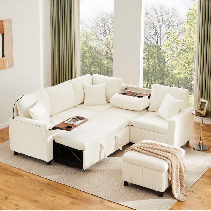 Canapé dangle convertible 4 places avec pouf de rangement USB Type-C lampe de lecture beige 205x205 cm TYNQER
