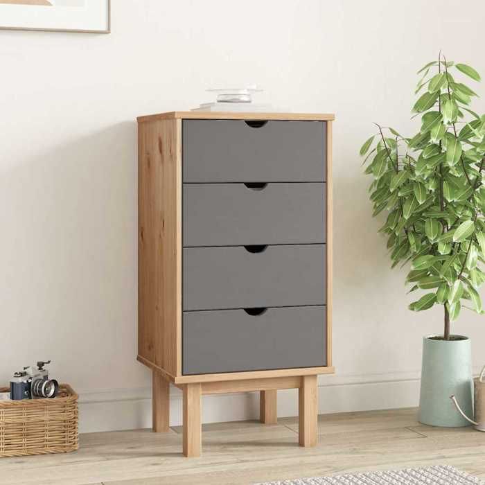 Gris Commode OTTA marron et gris 45x39x90 cm bois de pin massif - Meuble Rangement LV31261