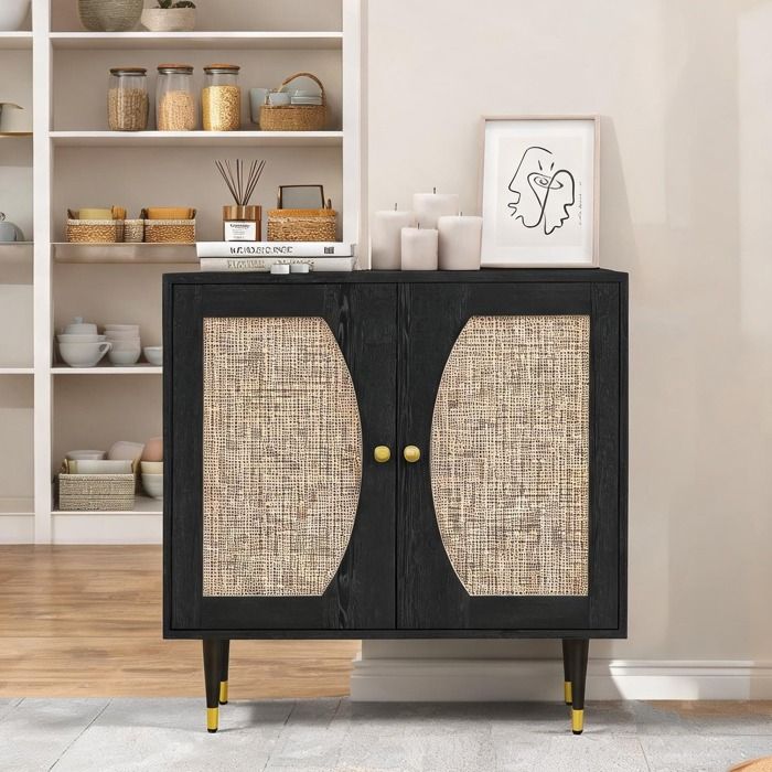 Buffet en panneau de particules noir et cannage 2 portes 2 étagères ajustables style bohème 80 x 38 x 79 cm