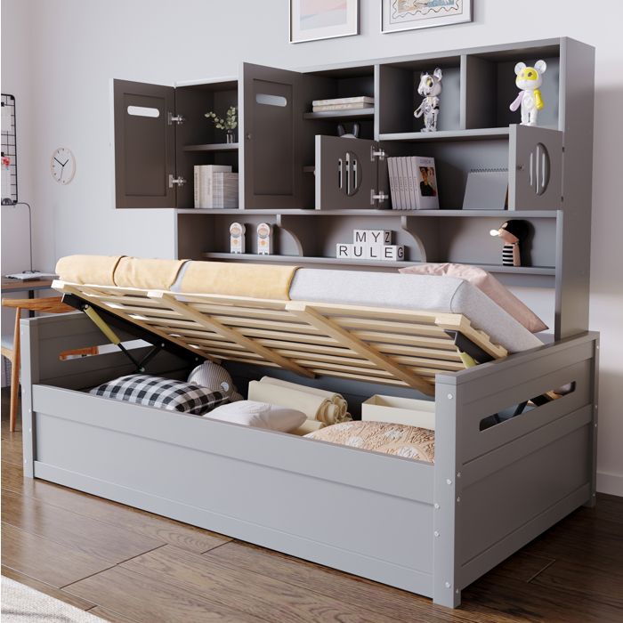 Lit combiné 90 x 200 cm avec grand rangement lit hydraulique simple en bois gris matelas non inclus ORVRYN