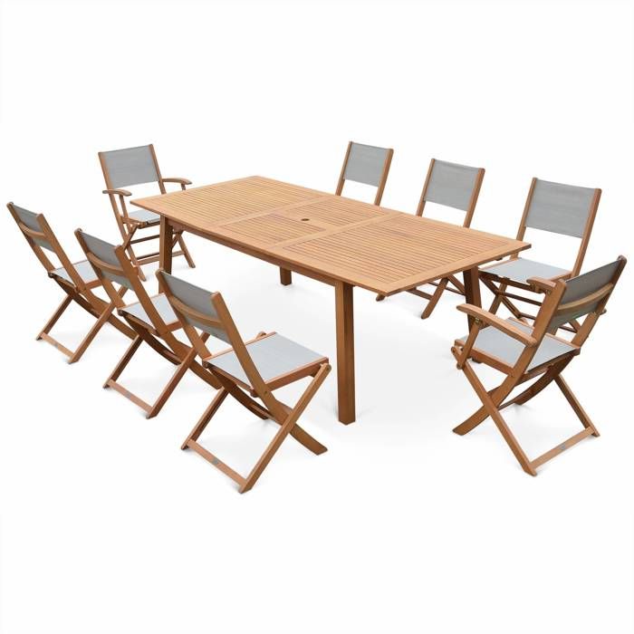 Salon de jardin en bois extensible - Almeria - Grande table 180/240cm avec rallonge. 2 fauteuils et 6 chaises. en bois d'Eucalyptus