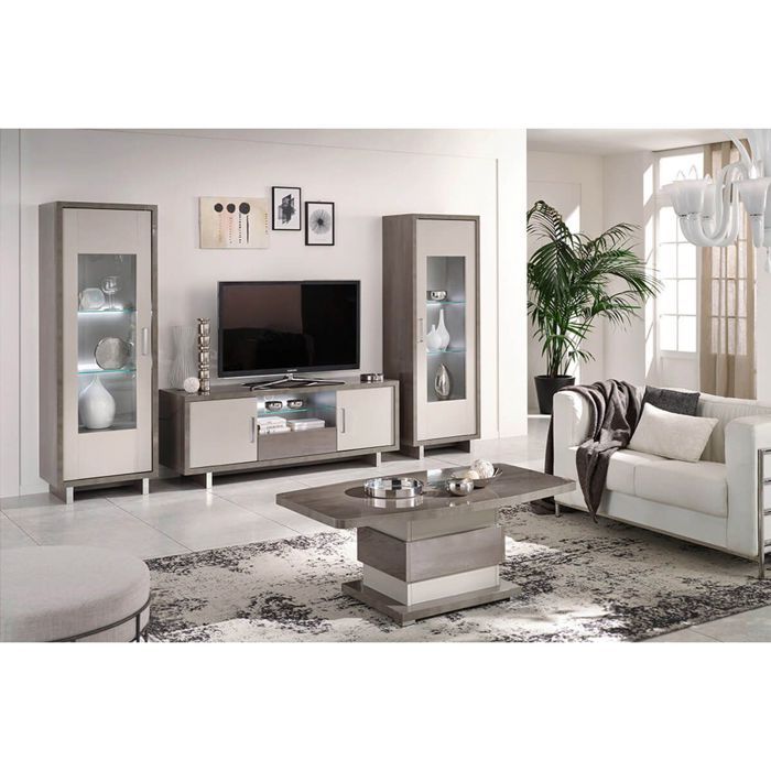 AUXANE - Pack Salon Meuble TV Led + Table Basse + 2 Vitrines Led Gris Metallisé et Mat AUXANE - Pack Salon Meuble TV Led + Table Basse + 2 Vitrines Led Gris Metallisé et Mat