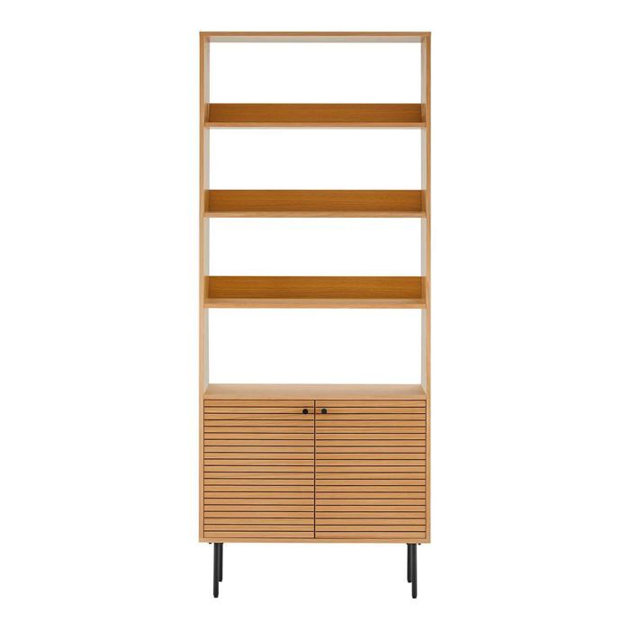 LOWAN - Etagère 4 Niveaux et 2 Portes Effet Tasseaux Teinté Chêne Clair LOWAN - Etagère 4 Niveaux et 2 Portes Effet Tasseaux Teinté Chêne Clair