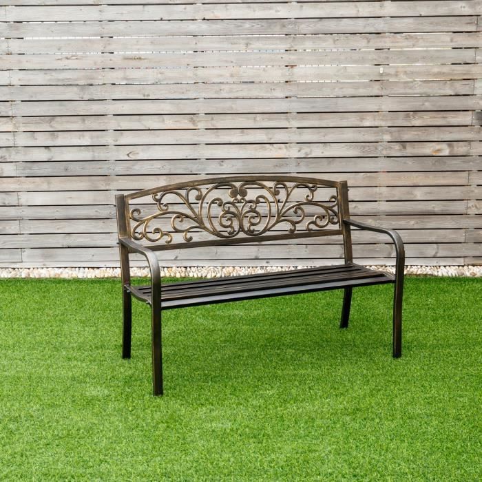 banc de jardin en métal en fonte et acier banquette jardin 127 x 60 x 85 cm place assise pour 2 à 3 personnes bronze