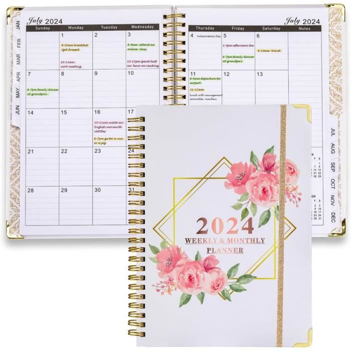 Agenda Semainier A5 2026 - Design Floral Vert, Onglets Mois, Boucle Stylo, Pochette, Couverture Rigide