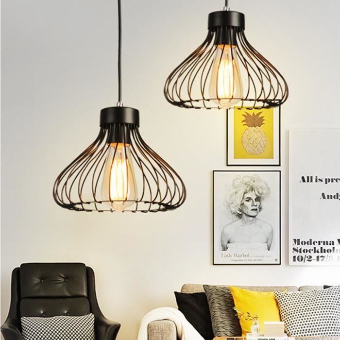 UNI Lot de 2 Pendentif Luminaire Lustre Suspension Rétro Industrielle Diamant Lampe de Fer - Noir