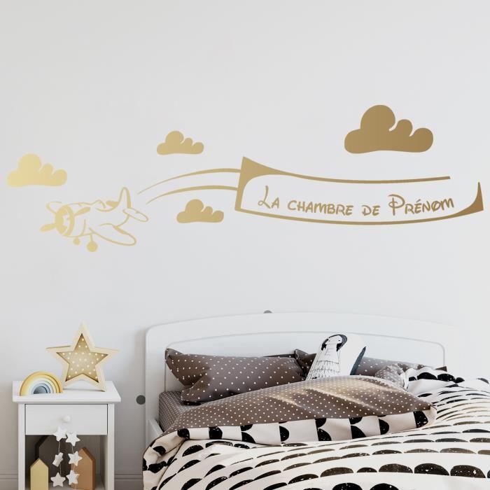 Stickers Muraux Deco Chambre Enfant Sticker Avion Chambre Bebe Avec Prenom Au Choix Or 800x250 Mm Cdiscount Maison