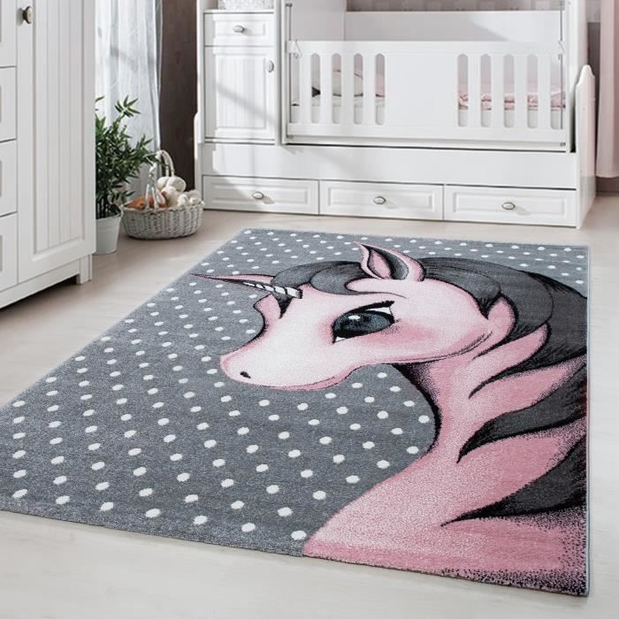 Tapis Enfant Pépinière Licorne Design Gris Rose Blanc Oeko Tex [120x170