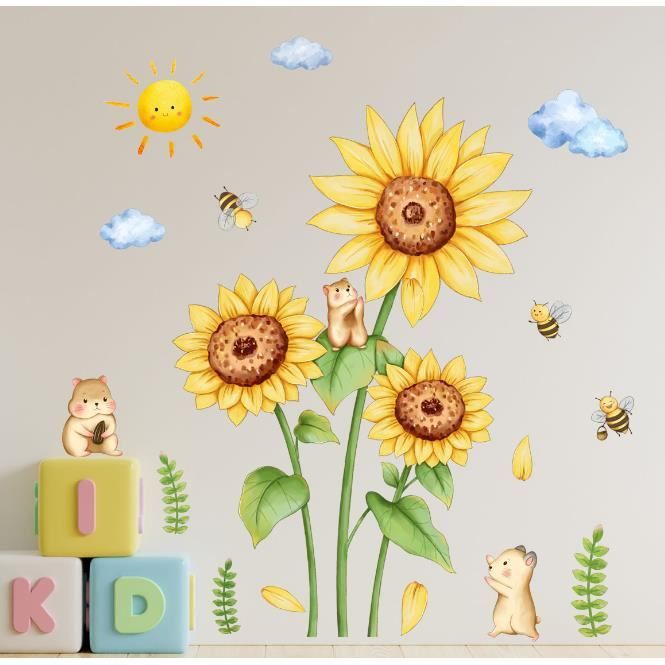 Stickers muraux fleurs tournesol petite abeille stickers muraux  arrière-plan décoration de chambre stickers muraux autocollants