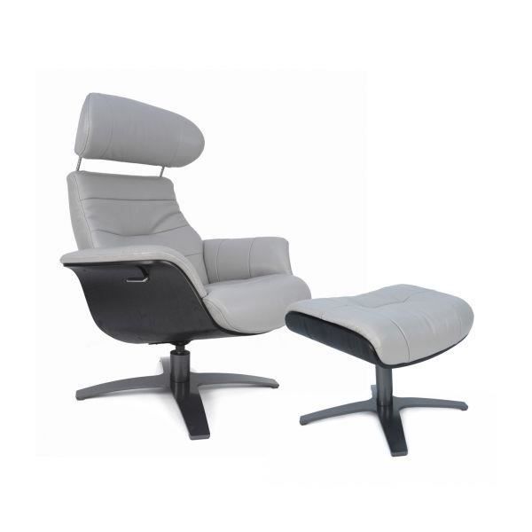 vega - fauteuil + pouf - cuir gris et chêne noir